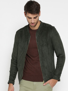<b>Men's</b> Dark Green <b>Suede</b> Bomber <b>Jacket</b> Collarless Zipper Closure Casual Style Autumn Wear Regular Fit Solid Color - Product Image 1