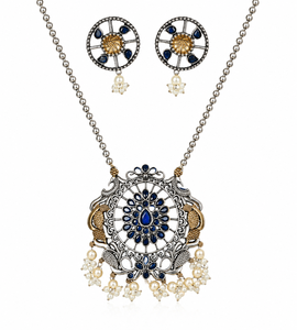 Parure Collier et Boucles d'Oreilles Pendante Mandala Bleu Royal en Zircon Plaqué Argent Oxydé Style Bohème pour Mariage Femme - Product Image 2