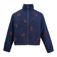 Blouson unisexe personnalisable en denim coupe courte, tricoté, respirant, avec fermeture éclair intégrale, col côtelé, broderies florales et patchs, en viscose matelassée