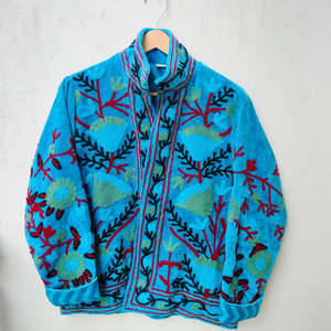 Handcrafted Breathable Eco-Friendly Blue Velvet Quilted <b>Jacket</b> Heritage Floral Embroidery <b>Mandarin</b> <b>Collar</b> Ultra-Soft Luxurious - Product Image 1