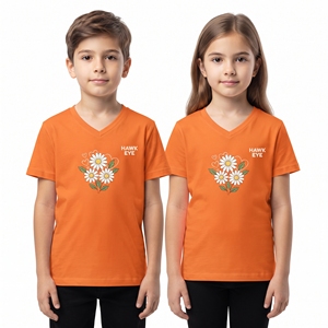 Bulk Kids Unisex <b>Orange</b> Flower Print Sublimation V Neck <b>T</b> <b>Shirt</b> Floral Graphic Boys Girls Leisure Tops Custom Apparel Supplier - Product Image 1