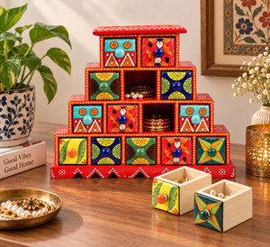 Boîte à bijoux en bois et poterie bleue artisanale |   Armoire de rangement à bijoux rectangulaire à 4 niveaux peinte à la main multifonctionnelle |   Indien - Product Image 6