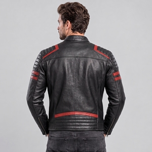 Blouson de moto en cuir noir pour homme, manches longues, coupe-vent, style course, toutes saisons, avec logo frontal. - Product Image 3