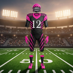 Ensemble d'uniformes de football américain rose et noir personnalisés, complet avec un casque, un maillot, un pantalon, des gants, des chaussettes et des chaussures - Product Image 6