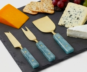 Ensemble de 3 couteaux à fromage plaqués or avec manches en marbre bleu, couverts modernes compatibles lave-vaisselle pour les fêtes et les dîners - Product Image 6