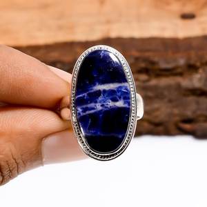 Anillo ovalado de sodalita ajustable, plata de ley 925, estilo vintage, hecho a mano, joyería con piedras preciosas, regalo para ella - Product Image 4