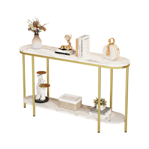 Consolle Moderna a 2 Livelli per Ingresso, Top in Finto Marmo Bianco con Struttura in Metallo Dorato, 107 cm x 29 cm, Ripiano Aperto per Ingressi di Hotel - Product Image 2