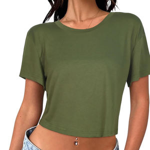 Women's <b>Olive</b> <b>Green</b> Crop Top Short Sleeve Crew Neck Casual <b>T</b>-<b>Shirt</b> 100% Cotton Jersey Knitted Breathable Spring Summer Wear - Product Image 2