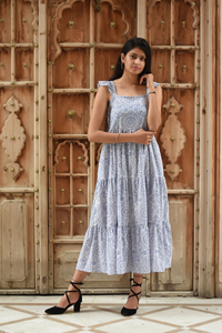 ชุดเดรสยาวผ้าฝ้ายพิมพ์ลายบล็อก สีขาว ผ้าถักเนื้อแน่น สำหรับฤดูร้อน/ฤดูหนาว/ฤดูใบไม้ร่วง สไตล์ยั่งยืน ของขวัญสำหรับเธอ - Product Image 5