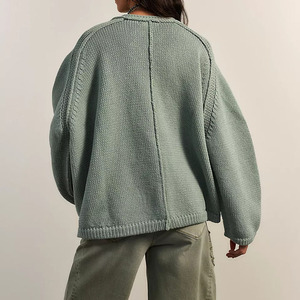 Cardigan en tricot pour femme, col en V, manches bouffantes, couleur unie, style bohème, pour l'automne, 100% acrylique, manches longues, bouton unique - Product Image 2