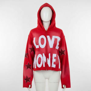 Womens <b>Red</b> Cropped Zip Up <b>Hoodie</b> Love Letter Patch Hooded Sweatshirt Star Applique Y2K Streetwear Oversized Crop <b>Hoodie</b> - Product Image 6