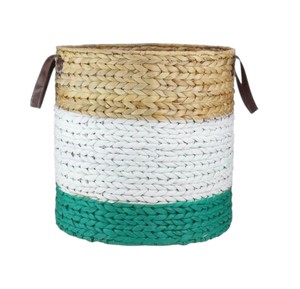 Natural White and Green Water Hyacinth Basket Storage Laundry <b>Hamper</b> with Leather Handles Eco Friendly Home Organizer <b>Box</b> - Product Image 1