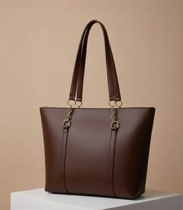 Women's Brown Genuine Leather <b>Tote</b> <b>Bag</b> With Gold Metal Hardware <b>Zipper</b> Closure - Product Image 1