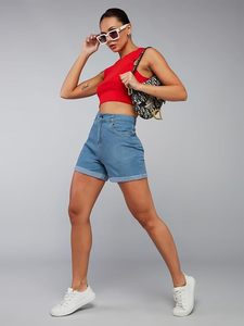 Shorts de Mezclilla para Mujer, Color Sólido, Estilo Casual de Verano, Corte Regular, Tela de Algodón Lavado, Ecológicos, Cintura Media, con Cinturón - Product Image 6