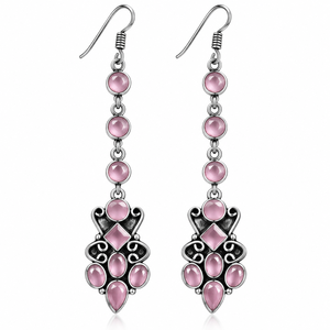Boucles d'oreilles pendantes longues tendance en quartz rose, vente en gros |   Bijoux élégants plaqués argent antique pour femmes OEM/ODM - Product Image 5