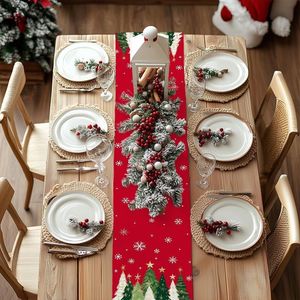 Runner da Tavola Natalizio Stile Fattoria 13x72 Pollici con Alberi di Natale e Fiocchi di Neve per Cucina e Sala da Pranzo - Product Image 6
