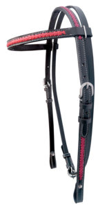 Cabezada de cuero negro para caballo con frontal trenzado rojo y herrajes plateados, pieza de brida ecuestre ajustable. - Product Image 5