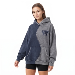 Sudadera con capucha personalizada para mujer, bicolor, con pedrería, hombros caídos, lavado ácido, algodón grueso, forro polar, logotipo bordado - Product Image 3