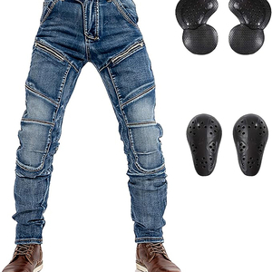 Pantalon de moto en jean bleu pour homme avec protections aux genoux, respirant, style délavé, vêtement de sécurité actif - Product Image 4