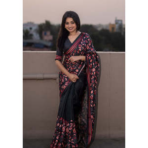 Vestidos de Noche Elite Weaves, Sari Pushpa Estampado Katha de Seda Kolam Negra - Product Image 5