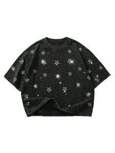 All Over Hotfix <b>Rhinestone</b> Star Custom T Shirt Heavyweight Cotton Vintage Bling Boxy Fit Men Casual Streetwear USA Summer <b>Top</b> - Product Image 5