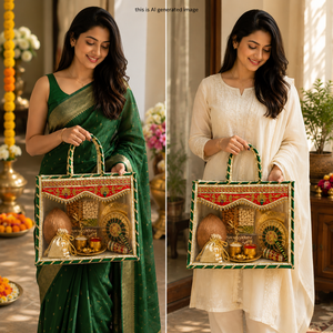 Handcrafted Jute <b>Wedding</b> <b>Gift</b> Bag with Clear PVC Window & Embroidery | Decorative Indian Festival <b>Hampers</b> Packing Tote Bag - Product Image 3