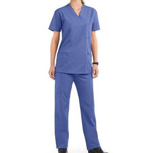 Women <b>Blue</b> <b>Scrub</b> Set V Neck Short Sleeve With Pockets Hospital Uniform Cotton Polyester Woven Fabric - Product Image 1