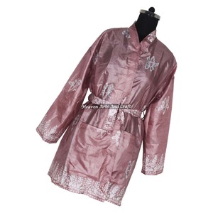 KS001 Hermoso Kimono Sari Vintage, Túnica Corta, Estampado Floral de Verano, Estilo Bohemio, Manga Larga, Holgado, para Vacaciones - Product Image 1