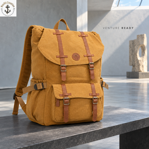 Sac à dos en toile moutarde avec bordure contrastée |   Sac à dos vintage avec fermetures à double rabat, poche avant et sangles latérales réglables - Product Image 2