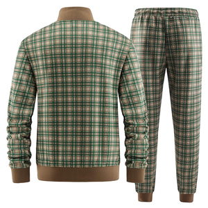 Ensemble de survêtement 2 pièces à carreaux vert et marron pour hommes, veste zippée, col rabattu, manches longues, pantalon de survêtement à cordon de serrage, décontracté - Product Image 6