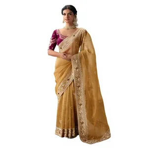 Golden Silk <b>Saree</b> with Purple Embroidered <b>Blouse</b> Traditional Indian Wedding Wear for Women Floor-Length Sari Outfit - Product Image 1