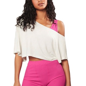 เสื้อครอปไหล่เดียวทรงหลวมสำหรับผู้หญิง เนื้อผ้านุ่มพลิ้ว แขนสั้น สไตล์ลำลอง แฟชั่น เสื้อยืดน้ำหนักเบา เสื้อผู้หญิงสำหรับฤดูร้อน รับผลิตตามแบบ OEM - Product Image 1