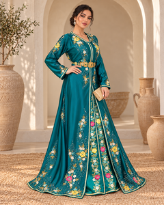 Caftán Marroquí de Terciopelo Color Verde Azulado con Bordado Sólido, Mangas Largas, Cinturón con Filigrana Dorada, Largo MAXI, para Fiestas de Invierno, Mishkat Couture - Product Image 5