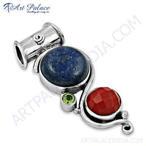 Pendentif unisexe de style vintage en argent 925 avec lapis-lazuli et pierres précieuses rouges et vertes, plaqué rhodium, Art Palace - Product Image 2