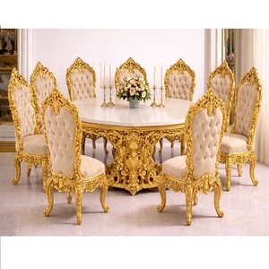 Ensemble de table à manger de style luxueux, meubles de salle à manger classiques en teck, blanc et or, suite de salle à manger hautement sculptée - Product Image 2