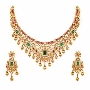 Conjunto de Collar y Pendientes de Aleación Chapada en Oro Ortodoxo Indio, Joyería de Boda para Mujer, Diseño Rani Haar, Patrón Floral, Estilo Clásico - Product Image 1