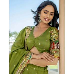 Dazzling Green Embroidered Silk Mehendi Wear Lehenga Choli for <b>Wedding</b> - Product Image 2