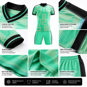 Ensemble maillot et short de football unisexe vert sans manches, numéros d'équipe sublimés, polyester anti-humidité, coupe classique, nom d'équipe personnalisé - Product Image 5