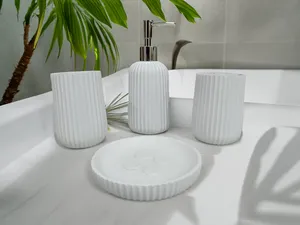 Elegant White Natural Marble Stone Full Bathroom Wash <b>Set</b> Including <b>Soap</b> Dispenser Tray Brush Holder and <b>Soap</b> Dish - Product Image 3