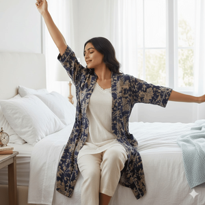 Bata Kimono Floral de Algodón Premium para Mujer, Cuello en V, Mangas Largas, Largo, 2 Bolsillos Delanteros, Cordón Ajustable, Ropa de Dormir, Bata de Estar por Casa - Product Image 2