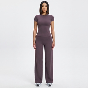 Custom Logo Short Sleeve Crew Neck T-shirt Seamless Fitness Gym Leggings Flare Pants Suit Women Workout <b>Pilates</b> Yoga Sports Sets - Product Image 4