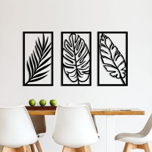 Ensemble de 3 décorations murales en métal faites à la main en forme de feuilles avec cadres noirs pour le salon, l'hôtel, la chambre à coucher, décoration murale intérieure - Product Image 4
