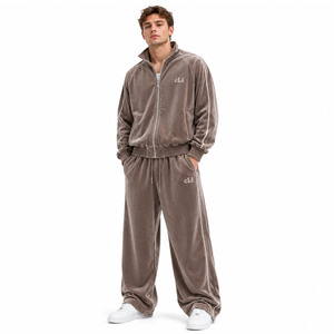 Vintage Raglan Oversized Velour Stand Collar Zip <b>Jacket</b> Wide Leg Sweatpants Custom Piping Luxury <b>Velvet</b> Sportswear Hoodies Sets - Product Image 1