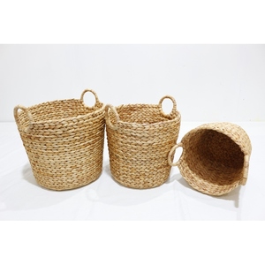 Set of 3 Natural Water Hyacinth Woven Round Laundry Toy <b>Storage</b> <b>Hamper</b> Basket with Braided Handles - Product Image 1