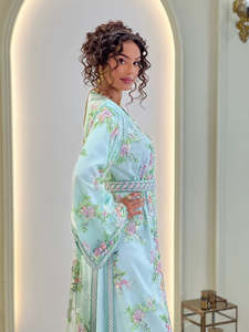 Mint <b>Green</b> <b>Silk</b> Kaftan Dress Women Embroidered V Neck Long Sleeve Modest Muslim Abaya Eid Party Gown - Product Image 6