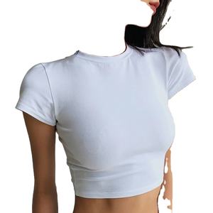 T-shirt court pour femmes été couverture en coton couleurs unies blanc col rond vêtements pour femmes grande taille prix de gros Logo personnalisé - Product Image 2