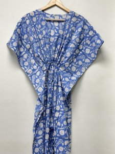 Vestido Kaftán con Estampado Floral de Verano para Mujer |   Caftán de algodón de corte holgado con mangas cortas |   Vestido largo con cintura ajustable con cordón - Product Image 2