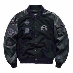 Men's <b>Techwear</b> Varsity <b>Jacket</b> Functional Tactical Streetwear Bomber Coat with Leather Sleeves and Multi-Pocket Design - Product Image 1