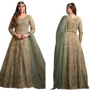 Vestido Largo Tradicional Semi-Cosido para Mujer con Estampado Metálico, Cuello Alto, Mangas Largas, Tela de Red, para Bodas Indias y Pakistaníes, Producto al por Mayor - Product Image 1