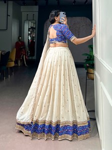 TENNECY Traditional Sequins Thread Embroidery Work Women's <b>Wedding</b> Diwali Blouse Vichitra Silk Lehenga Reversible Stretchable - Product Image 5